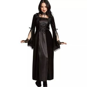 Black Renaissance Halloween Witch Dress, and Purple Wig Size Adult S/M